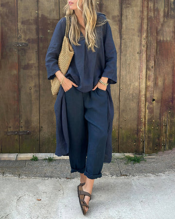 Agathe | Femme Ensemble Tunique et Pantalon en Lin Coupe Fluide et Encolure V