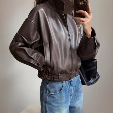 Valentine | Élégante Veste Bomber en Cuir Femme Coupe Oversize et Col Chemise