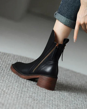 Céleste | Chic Bottines en Cuir Femme Fermeture Zippée et Talon Bas Carré