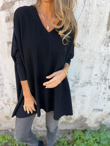 Camille | Chic Pull Tunique Oversize Femme Encolure V et Maille Fine