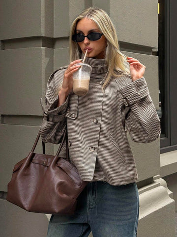Inès | Chic Veste Courte Pied de Poule Femme Oversize à Double Boutonnage