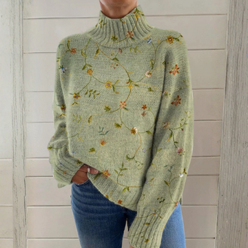 Delphine | Pull Col Roulé en Maille Brodé Fleurs Femme