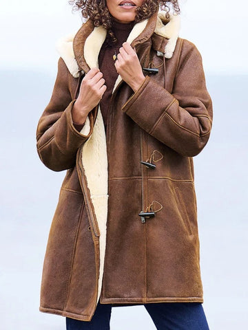 Margaux | Femme Manteau Effet Peau Lainée Capuche Fausse Fourrure et Attaches Brandebourg