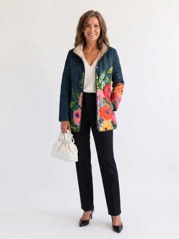 Camille | Veste Matelassée à Fleurs Peintes Femme Col Montant