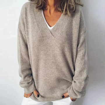 Charlotte | Élégant Pull Tricot Oversize Col V Femme Maille Douce Style Cozy Luxury