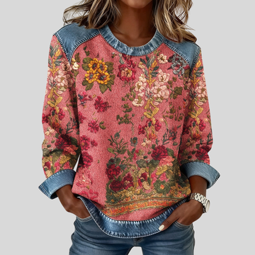Flora | Sweatshirt Imprimé Floral et Détails Jean Femme