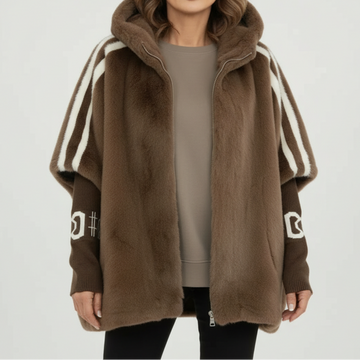 Noémie | Élégant Manteau Poncho Zippé en Peluche Femme Bandes Contrastées Style Sportchic