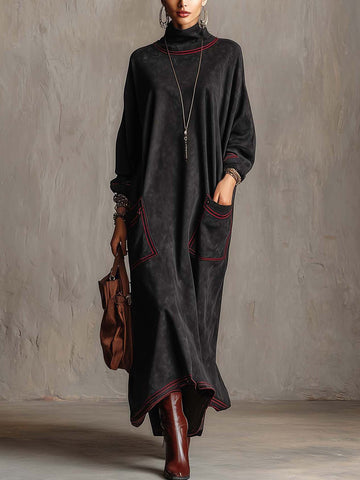 Camille | Robe Longue en Suédine Col Montant à Surpiqûres Femme