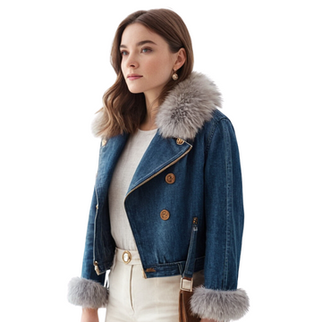 Clara | Veste en denim pour femmes avec col en fausse fourrure et ceinture