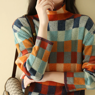 Mathilde | Élégant Pull Ample Femme Motif Damier Col Montant