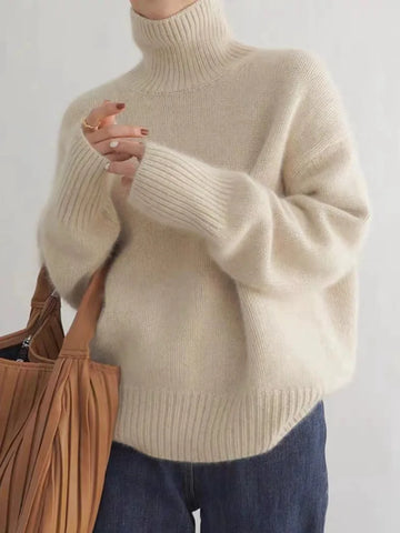 Inès | Chic Pull Oversize en Cachemire Femme Col Roulé et Bords Côtes Larges