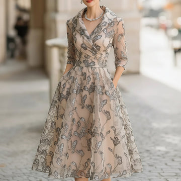 Juliette | Chic Robe Mi Longue Femme Évasée à Broderies Florales en Tulle