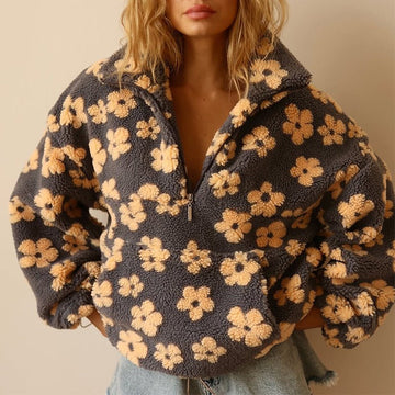 Emma | Chic Sweat Polaire Femme Demi-Zip à Motif Fleurs Effet Moumoute
