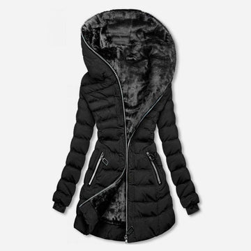 Charlotte | Chic Manteau Doudoune Mi-Longue Cintrée Femme Doublée Peluche à Capuche