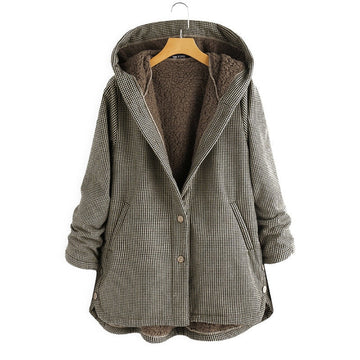 Capucine | Chic Manteau à Capuche à Carreaux Femme Doublure Sherpa et Fentes Boutonnées