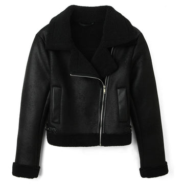 Sasha | Chic Veste Moto Courte Femme en Suédine Doublée Moumoute