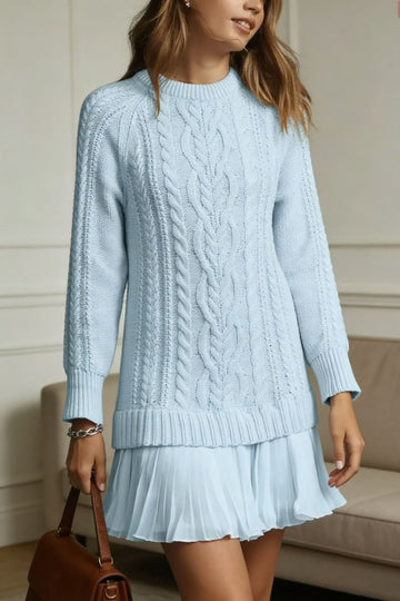 Alice | Élégante Robe Pull Maille Torsadée Femme Col Rond et Bas Plissé