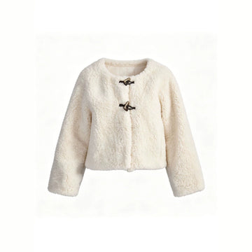 Agathe | Chic Veste Courte Moumoute Femme Col Rond à Fermoirs Brandebourgs