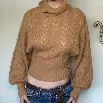 Léane | Chic Pull Court Col Roulé Femme Maille Ajourée et Manches Ballons
