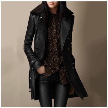 Astrid | Manteau trench en cuir grainé pour femmes avec col en shearling