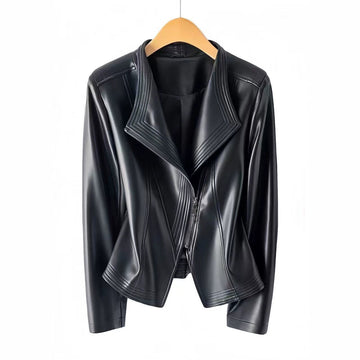 Eva | Élégant Veste Courte Effet Cuir Femme à Zip Asymétrique et Col Cascade