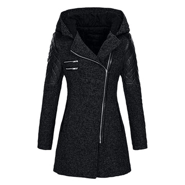 Victoria | Chic Manteau Long Chiné Femme à Capuche et Zip Asymétrique