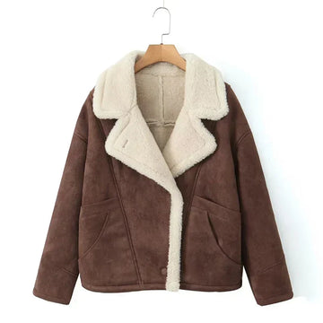Rétro | Veste en fausse suède pour femmes, doublée de borg en shearling