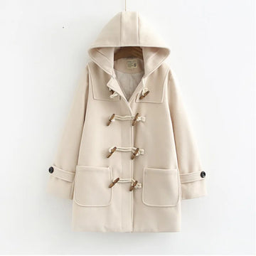 Juliette | Chic Manteau Duffle-Coat en Laine Femme Capuche et Attaches Brandebourg