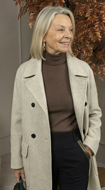 Charlotte | Élégant Manteau Long en Cachemire Femme Double Boutonnage et Col Tailleur