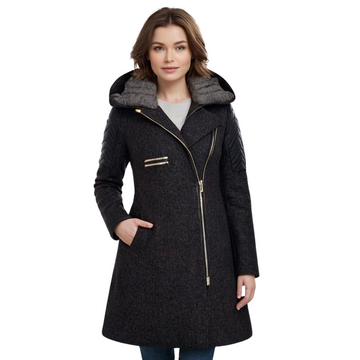 Inès | Chic Manteau à Capuche Asymétrique Femme Empiècements Cuir et Coupe Cintrée