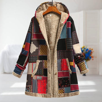 Aurore | Chic Manteau Long à Capuche Patchwork Femme Doublure Peluche et Motif Imprimé