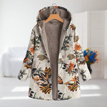 Mathilde | Chic Manteau Long à Capuche Imprimé Floral Femme Doublure Peluche et Motif Botanique