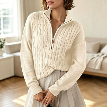 Mathilde | Pull Demi-Zip en Maille Torsadée Col Camionneur Femme