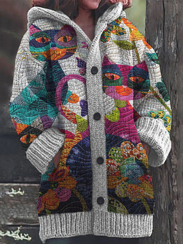 Zoé | Élégant Manteau Cardigan Long Femme en Tricot Motif Chat Style Fantaisie