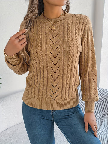 Camélia | Chic Pull Femme en Maille Torsadée et Motif Ajouré à Col Rond
