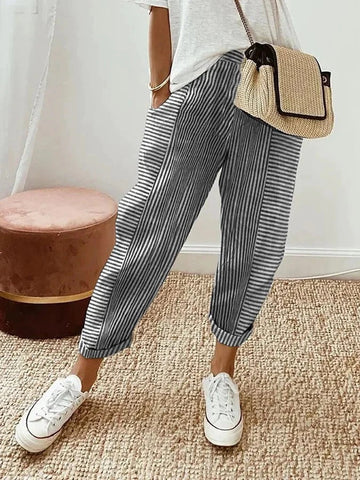 Amélie | Chic Pantalon en Coton-Lin Rayé Femme Taille Élastique et Coupe Fluide