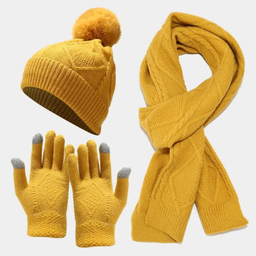 Amelia | Ensemble de 3 pièces : bonnet à pompon en tricot à torsades, écharpe et gants pour femmes