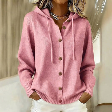 Chloé | Chic Gilet Femme en Maille Douce Boutonné à Capuche et Manches Longues