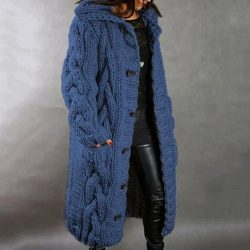 Élise | Chic Gilet Long Femme à Capuche en Grosse Maille Torsadée