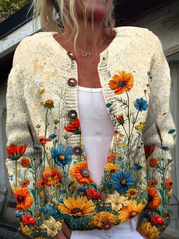 Inès | Cardigan Femme Imprimé Floral à Boutons Bois