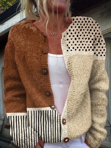 Aurore | Chic Cardigan Femme Patchwork Imprimé à Boutons Bois