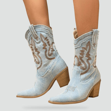 Sierra | Chic Bottines Santiags Femme à Broderies Western et Bout Pointu