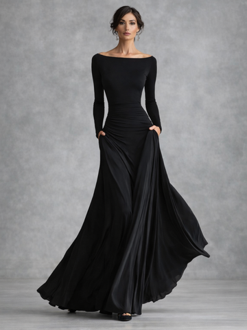 Sofia | Chic Robe Longue Femme Drapée à Col Bateau et Manches Longues