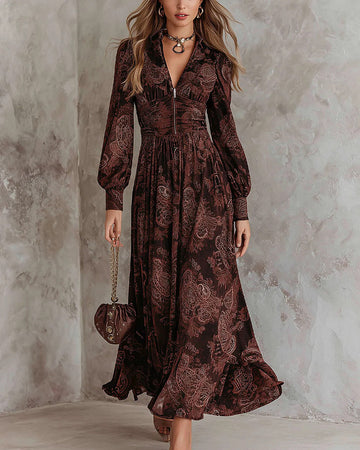Élisa | Robe Longue Imprimé Paisley Col V Zippé Femme