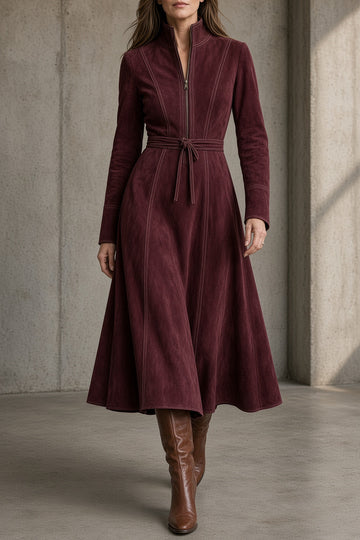 Adèle | Robe Mi Longue en Suédine Zippée Col Montant Femme