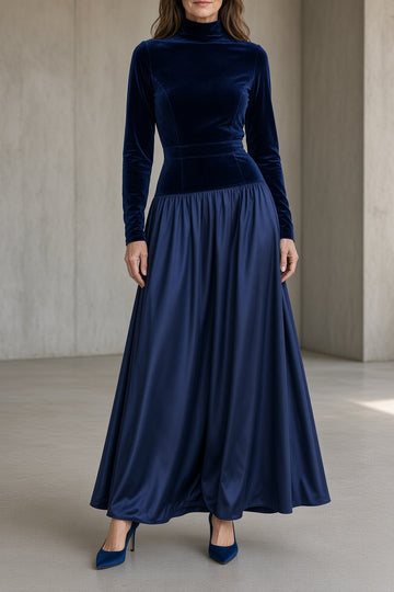 Victoria | Robe Longue Bi Matière Velours et Satin Col Montant Femme