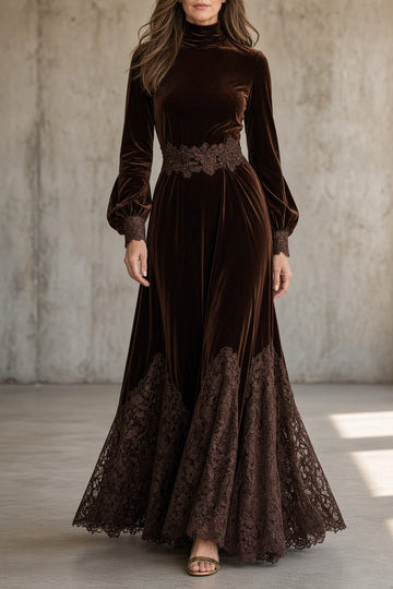 Éléonore | Robe Longue en Velours et Dentelle Col Montant Femme