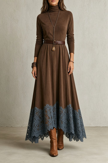 Charlotte | Robe Longue en Maille et Dentelle Col Roulé Femme