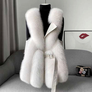 Halle | Gilet Long Sans Manches en Fausse Fourrure Ceinturé Femme