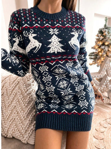 Amelia | Robe Pull Jacquard Renne Fair Isle pour Femmes